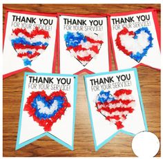 thank you for your service with red, white and blue handprinted heart cards