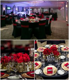 the tables are set with black and red linens, gold place settings, and centerpieces