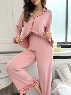 Style:Casual-Woman \nDetails:Ruffle \nDetails:Ruffle Hem \nDetails:Button Front \nColor:Pink \nPattern Type:Plain \nType:Dress Sets \nNeckline:Lapel \nSleeve Type:Flare Sleeve \nFit Type:Regular Fit \nWaist Line:Natural \nFabric:Medium Stretch \nCare Instructions:Machine wash or professional dry clean \nSheer:No \n Dress Sets, Fabric Collars, Pajama Set Women, Lounge Sets, Textured Fabric, Flared Sleeves, Ruffle Hem, Lettuce, Front Open