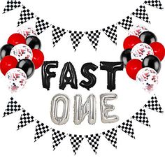 the words fast one are surrounded by balloons and streamers in black, white, and red