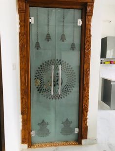 Temple Door Glass Design, Puja Glass Door Design, Glass Temple Design For Home, Pooja Door Glass Design, Main Door Glass Design Entrance, Mandir Glass Door Design Puja Room