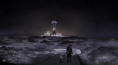 a man and his dog are standing in the snow at night with a view of space needle