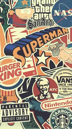 an assortment of stickers are shown in this graphic art work, with the words super man on them