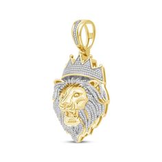 Plan to stand out with the attention-getting look of this diamond lion head charm. 10K yellow gold and white rhodium Features a sculpted lion's head glistening with a diamond-lined mane and crown A row of round-cut diamonds lines the bail Total diamond weight is 1 1/4 carats Pair with a stylish chain necklace (sold separately) Lion Head With Crown, Pearl Diamond Jewelry, Pearl Jewelry Shop, Rose Gold Tungsten, Crown Charm, Stackable Rings Silver, Bezel Engagement Ring, Mens Gold Rings, Gold Ring Sets