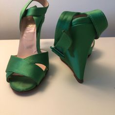 Wedge Green Satin Ankle Wrap Show Stoppers I’ve Never Seen Another Pair Ever Anywhere Bottoms Have Wear But Otherwise Look Brand New Luxury Green Heels With Removable Insole, Green Evening Sandals With Wedge Heel, Elegant Green Wedge Sandals With Round Toe, Green Wedge Heel Sandals For Evening, Elegant Green Wedge Sandals, Elegant Green Open Toe Wedge Sandals, Luxury Green Heels With Buckle Closure, Green Leather Slip-on Wedge Sandals, Green Christian Louboutin Heels