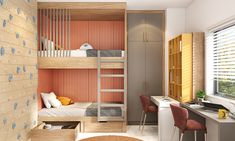 a bedroom with bunk beds and desks in the corner next to a wall that has been painted orange