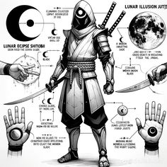 a drawing of a person in armor holding two hands and pointing to the moon with other hand gestures