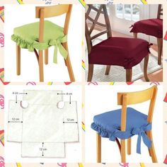 four different types of chairs with ruffles on the back and seat covers in various colors