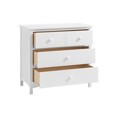 two white drawers with wooden handles on each side and one drawer open to show the bottom