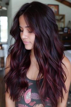 34 Beautiful Burgundy Balayage Hair Ideas That Will Leave You Mesmerized Burgundy Hair On Dark Hair, Deep Red Hair Color Balayage, Red Burgundy Highlights, Dark Brown With Burgundy Balayage, Brown Burgundy Ombre Hair, Merlot Bayalage Hair, Brunette New Hair Ideas, Dark Red Dimensional Hair Color, Dark Cherry Ombre Hair