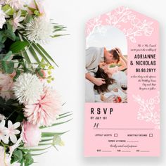 a pink and white wedding ticket with flowers on the side, next to it is an image of a couple kissing