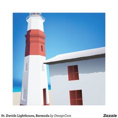 a red and white lighthouse next to a building