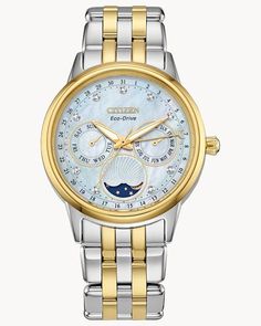 Eco Drive Watches, Citizen Watch, Citizen Eco, Eco Drive, Two Tone Watch, Diamond Watch, Stainless Steel Band, White Dial, Stainless Steel Watch