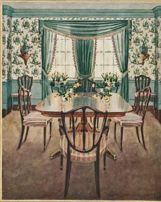 a painting of a dining room with green curtains and floral wallpaper on the walls