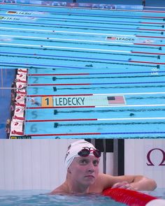 two pictures of swimmers in the water and one is wearing a swimming cap with an american flag on it