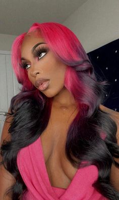 Black And Pink Wigs For Black Women, Black And Pink Hair Black Women, Pink And Black Hair Black Women, Pink Hair Black Women, Color Bob Wig, Gemini Hair, Pink And Black Hair, Color Wigs, 13x4 Lace Front Wig