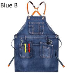 an apron with two pairs of scissors in the pocket and one pair of overalls attached to it