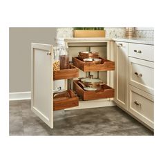 an open cabinet in a kitchen filled with food