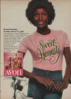 an ad for avon's sweet honesty featuring a woman in pink t - shirt