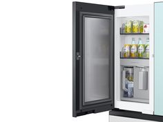 an open refrigerator with drinks and beverages in it's door, on a white background