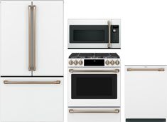 a kitchen with white appliances and gold handles on the stove, oven, microwave, refrigerator