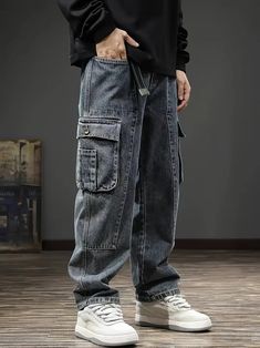 Men's Casual Flap Pocket Jeans, Chic Street Style Cargo Jeans | Shop On Temu And Start Saving | Temu Street Style Cargo, Flap Pocket Jeans, Straight Wide Leg Pants, Guys Fashion Casual, Denim Pants Fashion, Mid Waist Pants, Workwear Jeans, Denim Pants Mens, Dress Stylish