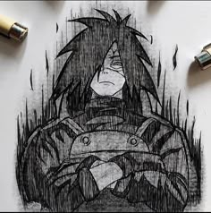 a drawing of an anime character in the middle of some fountain pens and ink on paper