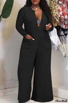 Olivia Mark - Mejora tu estilo con un sofisticado mono burdeos de tallas grandes con un favorecedor escote en V y bolsillos de estampado sólido Burgundy Jumpsuit, Jumpsuit With Pockets, Jumpsuit Casual, Pocket Jumpsuit, Look Plus Size, Loose Jumpsuit, Jumpsuit Elegant, Style Upgrade, Plus Size Jumpsuit