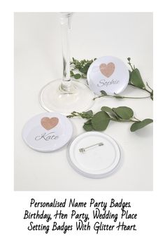 Personalised Name Party Badges. Birthday, Hen Party, Wedding Place Setting Badges With Glitter Heart. https://www.bluebowdesigns.co.uk/personalised-name-hen-party-badges-with-glitter-hearts-birthday-party-and-wedding-place-setting-name-badge-favours Personalised Sweets, Hen Party Badges, Event Badges, Bridesmaid Wine Label, Sweet Wedding Favors, Party Crackers, Hen Party Bags, Pool Party Favors