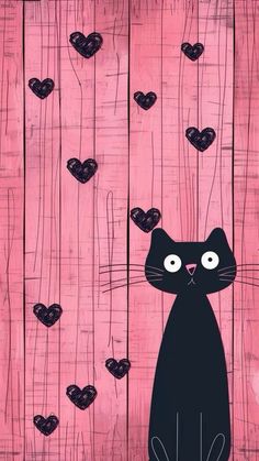 a black cat sitting on top of a wooden floor with hearts in the air behind it