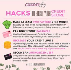 a pink poster with the words hacks to best your credit score and money falling from it