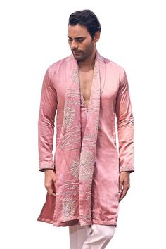 Pink kurta with gold thread, mirror embroidery on placket. Paired with white pant and dupatta. - Aza Fashions Chanderi Sets With Gold Embroidery And Long Sleeves, Fitted Cotton Silk Sherwani With Dupatta, Fitted Kurta With Gold Embroidery For Diwali, Diwali Gold Embroidered Fitted Kurta, Designer Bandhgala With Gold Embroidery In Chanderi, Pink Men, Gold Threads, White Pants, Pink Satin