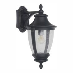 an outdoor wall light that is black and has a clear glass shade on the top