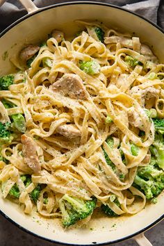 pasta with meat and broccoli in a skillet