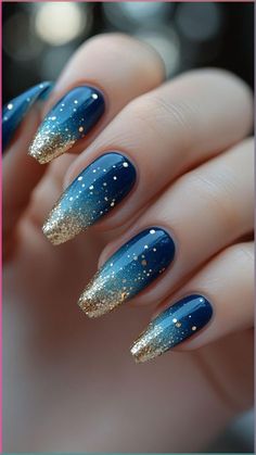 Navy Blue And Copper Nails, Blue Detail Nails, Blue And Copper Nails, Royal Blue Sparkle Nails, Blue Autumn Nails, Navy And Gold Nails, Ombre Nails Ideas, Blue And Gold Nails, Christmas Nail Trends