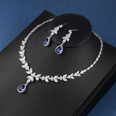 Fabulous Sapphire and Clear CZ Wedding and Formal Jewelry Set Groom And Bridesmaids, Necklace Set Silver, Bridal Jewelry Pearl Sets, Wedding Necklace Set, Formal Jewelry, Pearl Bridal Jewelry, Bridal Necklace Set, Silver Wedding Jewelry, Prom Earrings