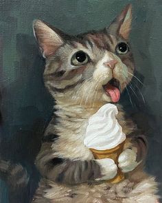 a painting of a cat with a cupcake in it's paws and its tongue out