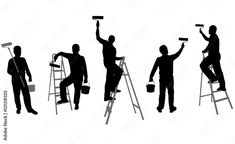 black and white silhouettes of people painting on the wall with paintbrushes stock