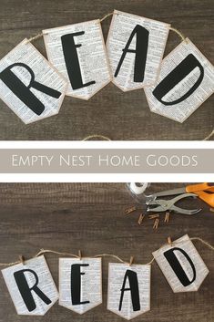 the words read, empty nest home goods hanging from clothes pins