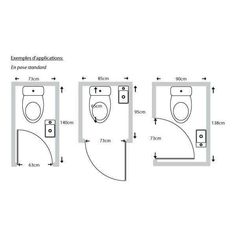 the measurements for a toilet and sink are shown in three different sizes, including one with an open door