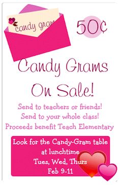 a pink and white flyer for candygramms on sale