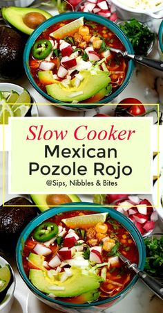 slow cooker mexican pozole rojo recipe in two bowls with spoons and avocado on the side