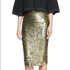 Sequined Bryce Pencil Skirt By Alice + Olivia. High Rise. Pencil Silhouette. Knee Length. Exposed Back Zip. Back Walking Vent. Nylon Shell. Bronze Gold Color. Fitted Sequin Pencil Skirt, Spring Sequined Fitted Pencil Skirt, Spring Fitted Sequin Pencil Skirt, Fitted Sequin Pencil Skirt For Spring, Glamorous Skirt For Workwear, Elegant Green Pencil Skirt For Party, Chic Knee-length Sequined Skirt, Chic Knee-length Sequined Bottoms, Fitted Sequined Pencil Skirt For Summer