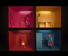 four different colored images of people standing in a room with red, yellow and blue walls