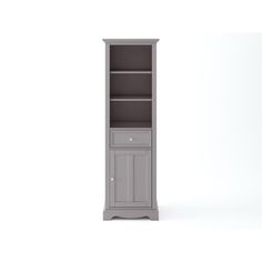 a tall gray bookcase with two doors and one drawer on the bottom, against a white background