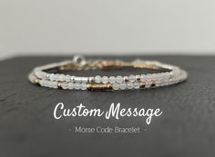 This is a minimalist, hidden message Morse Code bracelet. It is made of faceted White Moonstone beads  (AAA quality) and either Sterling Silver or 18K Gold Filled beads. The first photo shows both options together. This listing is for one bracelet. Please select your preferred metal material. The lobster clasp and other components are made of Sterling Silver or 18K Gold Fill.  The beads are strung on the finest quality silver beading wire for maximum strength and suppleness, ensuring perfect ada Minimalist Personalized Beaded Bracelets, Handmade Minimalist Moonstone Bracelets, Minimalist Handmade Moonstone Beaded Bracelets, Minimalist Handmade Beaded Bracelet With Moonstone, Minimalist Handmade Moonstone Bracelets, Handmade Minimalist Moonstone Beaded Bracelet, Minimalist Handmade Moonstone Beaded Bracelet, Bracelet For Best Friend, Code Morse