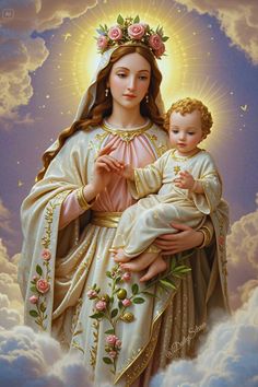 the virgin mary holding her child in her arms with clouds and stars behind it,