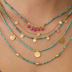 Accented with hammered solid 22k gold disk stations, this versatile chain is perfect worn alone or layered with others in the collection. An everyday necklace and lovely addition to your jewelry collection. 22k stations are interspersed on a delicate 14k gold chain. Matte finish. Turquoise Beaded Necklace, Dot Necklace, Modern Jewellery, Gold Dot, Painted Jewelry, Turquoise Bead Necklaces, Hand Painted Jewelry, Gold Disc, Hammered Gold