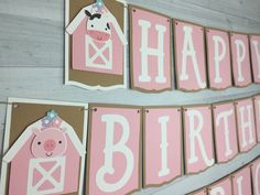 pink and brown happy birthday banner with farm animals