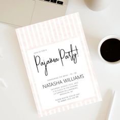 a pink and white striped party card with the words pajama party on it